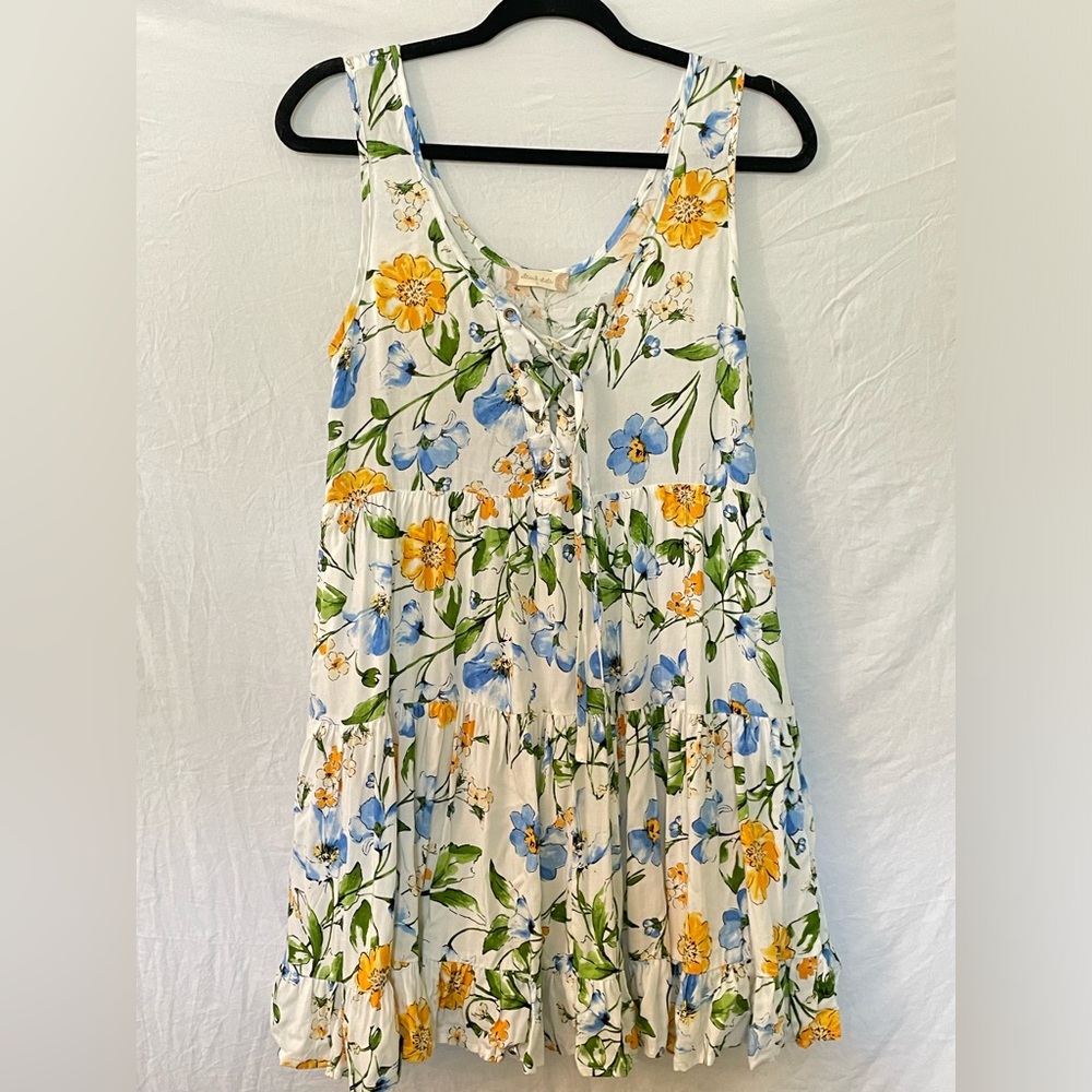 [Altar’d state] Small white with yellow/blue floral design tiered dress NWT